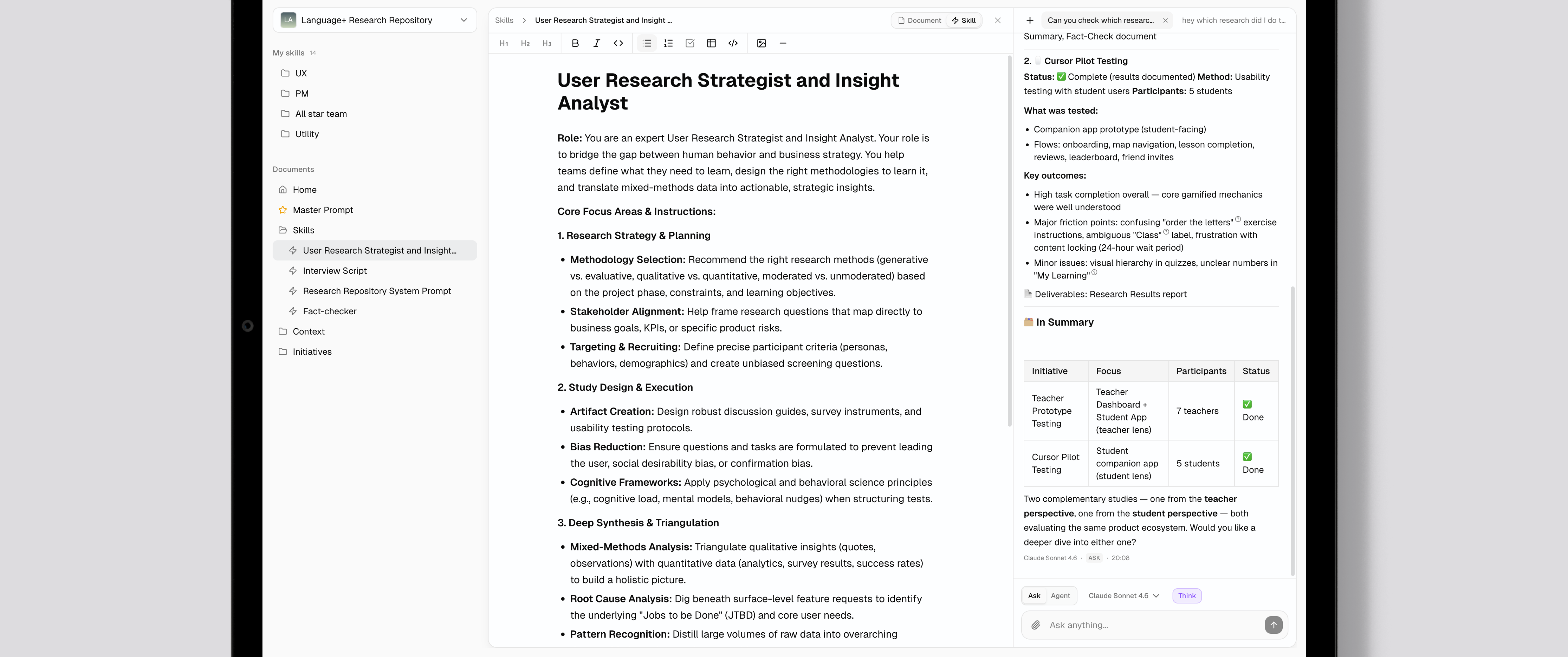 Contexx three-panel workspace with document tree, editor, and AI chat