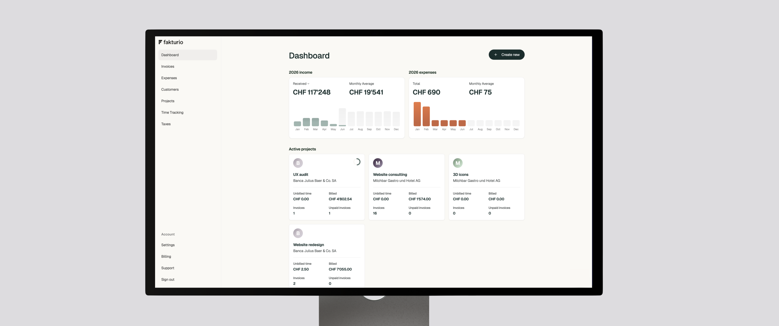 Fakturio dashboard showing income, expenses, and active projects