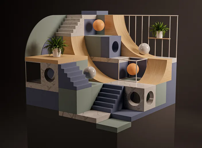 Isometric 3D composition with geometric forms