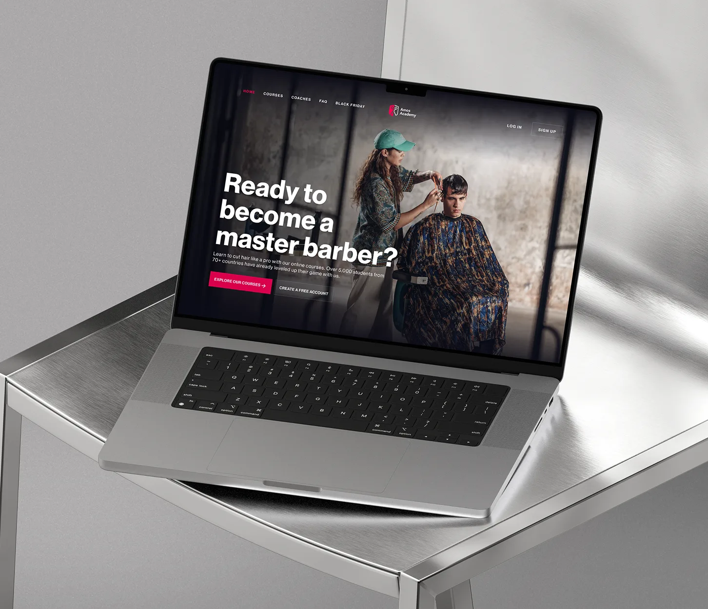 Barber Academy website redesign shown on a laptop mockup