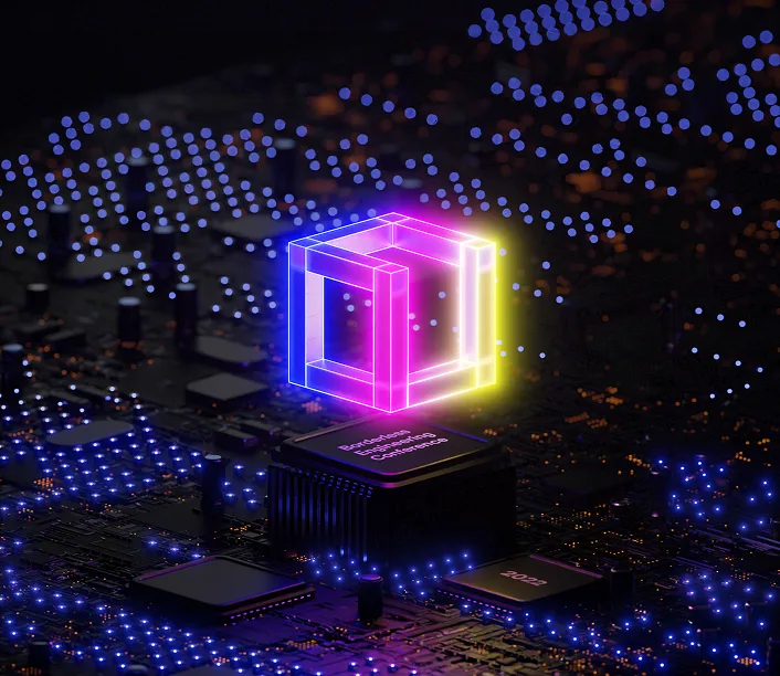 Engineering conference poster with a glowing neon cube