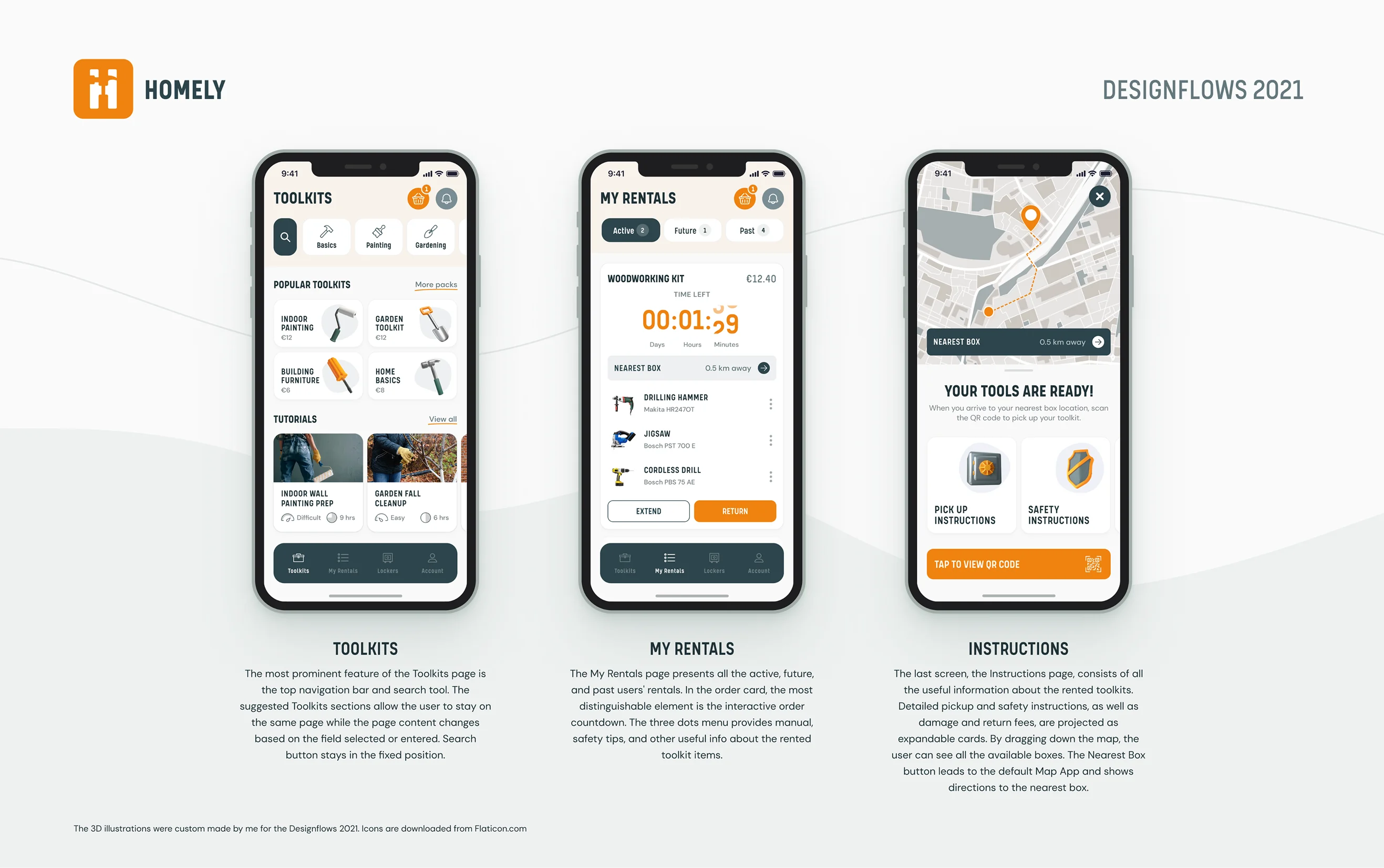 Homely tool rental app screens for Designflows 2021