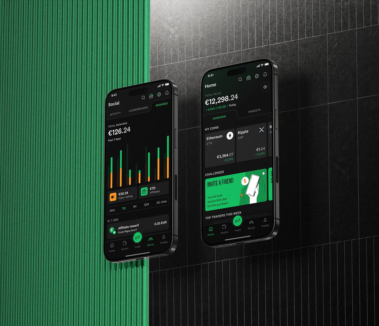 Social crypto app mobile screens with portfolio and rewards views